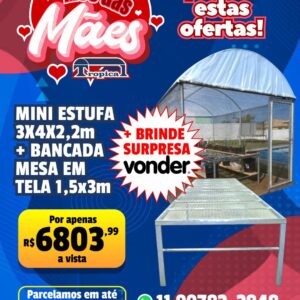 MINI ESTUFA AGRÍCOLA - 3x4 + BANCADA MESA EM TELA 1,5 X 3M