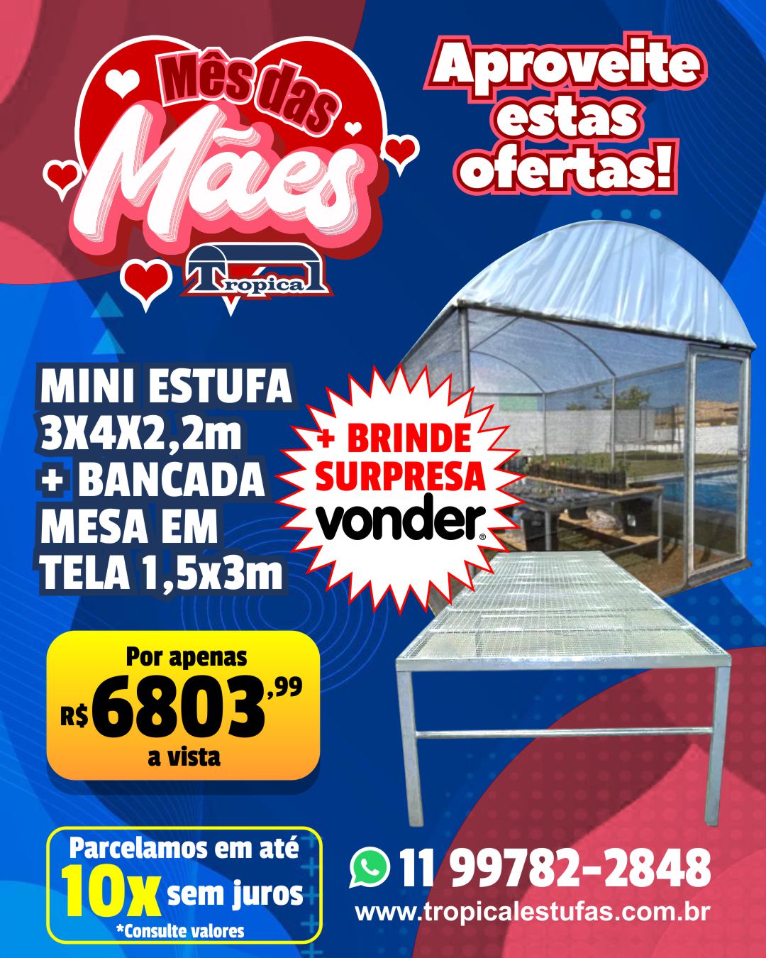 MINI ESTUFA AGRÍCOLA - 3x4 + BANCADA MESA EM TELA 1,5 X 3M